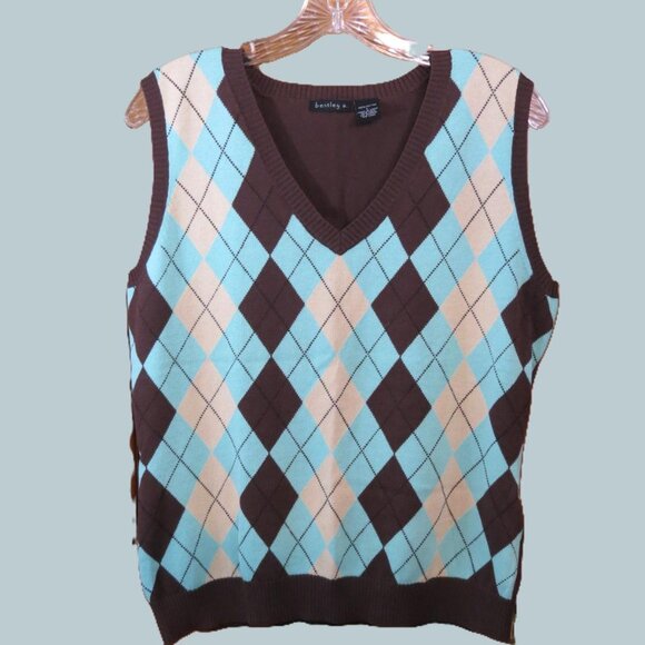 bentley a. Women's Sweater Vest Brown/Tan/Teal 100% Cotton Size Large - Picture 1 of 7